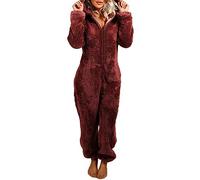 Yesgirl Femme Combinaison Pyjama en Flanelle À Capuche Êtements D'Intérieur Polaire Chaud Grenouillère Hiver Casual Onesies Chemises De Nuit Piece Couleur Unie Combishort Rouge XS