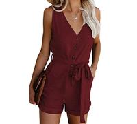 Yesgirl Femme Combishorts Été sans Manches Combinaisons Casual Chic Jumpsuits Taille Haute Col V Short Rompers avec Poches Couleur Unie Élégant Playsuits de Plage Rouge XL