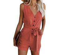 Yesgirl Femme Combishorts Été sans Manches Combinaisons Casual Chic Jumpsuits Taille Haute Col V Short Rompers avec Poches Couleur Unie Élégant Playsuits de Plage Orange S