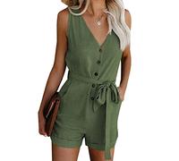 Yesgirl Femme Combishorts Été sans Manches Combinaisons Casual Chic Jumpsuits Taille Haute Col V Short Rompers avec Poches Couleur Unie Élégant Playsuits de Plage Vert L, (XR220613LYL-DE01-Gre-L)