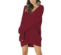 Yesgirl Femme Elégant Sweater Robe Pull Tricoté Col V Manche Longue Loose Solide Tunique Oversize Tricot Chemisier Mode Automne Hiver Rouge 48