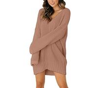 Yesgirl Femme Elégant Sweater Robe Pull Tricoté Col V Manche Longue Loose Solide Tunique Oversize Tricot Chemisier Mode Automne Hiver Kaki 42