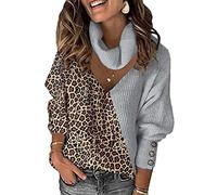 Yesgirl Femme Pull en Tricot Casual Manches Longues Pull Tricoté Chaud Hauts Chandail Elégant Color Block Léopard Pullover Mode Creuse Pullover Automne Hiver A Gris M