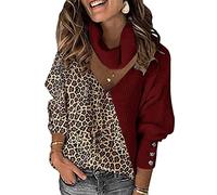 Yesgirl Femme Pull en Tricot Casual Manches Longues Pull Tricoté Chaud Hauts Chandail Elégant Color Block Léopard Pullover Mode Creuse Pullover Automne Hiver A Rouge XL