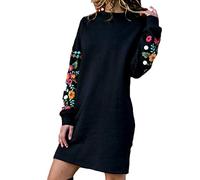 Yesgirl Femme Robe Pull Grande Taille Hiver à Manches Longues Brodée Pull Tunique Mini Robe Sweat Manches Longues Col Rond Chaude Casual Noir S