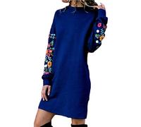 Yesgirl Femme Robe Pull Grande Taille Hiver à Manches Longues Brodée Pull Tunique Mini Robe Sweat Manches Longues Col Rond Chaude Casual Bleu XXXL