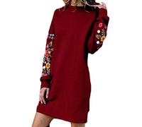 Yesgirl Femme Robe Pull Grande Taille Hiver à Manches Longues Brodée Pull Tunique Mini Robe Sweat Manches Longues Col Rond Chaude Casual Bordeaux S
