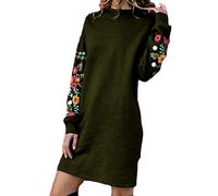 Yesgirl Femme Robe Pull Grande Taille Hiver à Manches Longues Brodée Pull Tunique Mini Robe Sweat Manches Longues Col Rond Chaude Casual Vert Armée XL