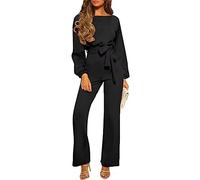 Yesgirl Femmes Combinaison Chic Élégant Jumpsuit Longue Pantalon Casual Combishort avec Ceinture Manches Longues Col Rond Couleur Unie Playsuit Romper pour Soirée Cocktail A Noir XXL