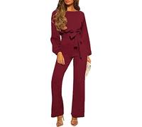 Yesgirl Femmes Combinaison Chic Élégant Jumpsuit Longue Pantalon Casual Combishort avec Ceinture Manches Longues Col Rond Couleur Unie Playsuit Romper pour Soirée Cocktail A Rouge L