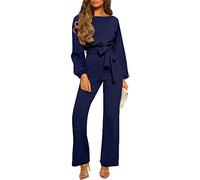 Yesgirl Femmes Combinaison Chic Élégant Jumpsuit Longue Pantalon Casual Combishort avec Ceinture Manches Longues Col Rond Couleur Unie Playsuit Romper pour Soirée Cocktail A Bleu Foncé L
