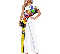 Yesgirl Femmes Combinaison Chic Élégant Jumpsuit Longue Pantalon Casual Épaules Nues Combishort Imprimé Playsuit Romper pour Soirée Cocktail A Blanc11 3XL