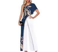Yesgirl Femmes Combinaison Chic Élégant Jumpsuit Longue Pantalon Casual Épaules Nues Combishort Imprimé Playsuit Romper pour Soirée Cocktail A Bleu S