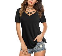 Yesgirl Femmes T-Shirts Manches Courtes Col en V Tee Shirt D'été Tunique Top Couleur Unie Base Tops Hauts Décontractés Chic Chemisier Blouse Ample Loose Encolure Croisée Noir XXL