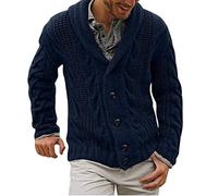 Yesgirl Gilet Homme Tricoté Pull avec Col Châle Cardigan Veste en Tricot avec Boutons Veste en Maille Chaud Hiver Sweatshirt Vintage Manteau Grosse Maille Blouson Vintage Bleu Foncé L