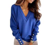 Yesgirl Pull Femme Col en V Pull Elégant Couleur Unie Ample Pullover Décontracté Manches Longues Chandail Printemps Automne Sweater Hauts A Bleu XL
