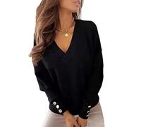 Yesgirl Pull Femme Col en V Pull Elégant Couleur Unie Ample Pullover Décontracté Manches Longues Chandail Printemps Automne Sweater Hauts A Noir XL