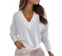Yesgirl Pull Femme Col en V Pull Elégant Couleur Unie Ample Pullover Décontracté Manches Longues Chandail Printemps Automne Sweater Hauts A Blanc S