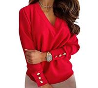 Yesgirl Pull Femme Col en V Pull Elégant Couleur Unie Ample Pullover Décontracté Manches Longues Chandail Printemps Automne Sweater Hauts A Rouge M