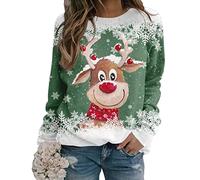 Yesgirl Pull Noël Femme Manches Longues Col Rond Rigolo Noel Pull Christmas Moche Sweat Multicolore Imprimé Bonhomme de Neige Sweatshirt Grande Taille Pullover B Vert XL