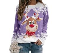 Yesgirl Pull Noël Femme Manches Longues Col Rond Rigolo Noel Pull Christmas Moche Sweat Multicolore Imprimé Bonhomme de Neige Sweatshirt Grande Taille Pullover B Violet 3XL