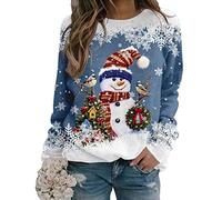 Yesgirl Pull Noël Femme Manches Longues Col Rond Rigolo Noel Pull Christmas Moche Sweat Multicolore Imprimé Bonhomme de Neige Sweatshirt Grande Taille Pullover C Bleu S