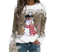 Yesgirl Pull Noël Femme Manches Longues Col Rond Rigolo Noel Pull Christmas Moche Sweat Multicolore Imprimé Bonhomme de Neige Sweatshirt Grande Taille Pullover A Kaki M