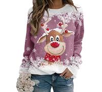 Yesgirl Pull Noël Femme Manches Longues Col Rond Rigolo Noel Pull Christmas Moche Sweat Multicolore Imprimé Bonhomme de Neige Sweatshirt Grande Taille Pullover B Rose S