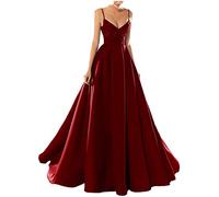Yesgirl Robe de Soirée Femme Elegante Col en V Cocktail Robe Longue Chic Sexy sans Manche Robe en Satin Mariage Demoiselle d'honneur Maxi Robe Taille Haute A-Line Robe A Rouge3 S