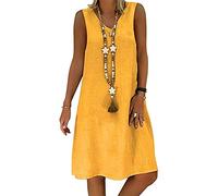 Yesgirl Robe Été Femme De Plage Rétro Robes Col V Lin Tee Shirt Robes Au Genou Robe Chic Chemisier Manches Courte Unie Plage Mini Robe Casual Tuniques Ample sans Accessoires D Jaune 34