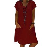 Yesgirl Robe Été Femme De Plage Rétro Robes Col V Lin Tee Shirt Robes Au Genou Robe Chic Chemisier Manches Courte Unie Plage Mini Robe Casual Tuniques Ample sans Accessoires B Vin Rouge 40
