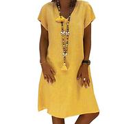 Yesgirl Robe Été Femme De Plage Rétro Robes Col V Lin Tee Shirt Robes Au Genou Robe Chic Chemisier Manches Courte Unie Plage Mini Robe Casual Tuniques Ample sans Accessoires C Jaune 40