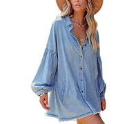 Yesgirl Robe Été Femme Rétro Denim Robes Casual Loose Robe en Jean Col V Ample Bouton Chemise Robe Tunique Robe Ete Longue Chemisier en Jean Mini Robe De Plage C Bleu S