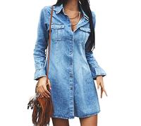 Yesgirl Robe Été Femme Rétro Denim Robes Casual Loose Robe en Jean Col V Ample Bouton Chemise Robe Tunique Robe Ete Longue Chemisier en Jean Mini Robe De Plage B Bleu XL