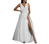 Yesgirl Robe Femme Cocktail Robe Elegante Col en V A-Line sans Manches Maxi Robe Mariage Demoiselle d'honneur Soirée Bal Taille Haute Fendue Tulle Robe Longue A Blanc XL