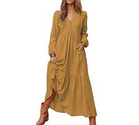 Yesgirl Robe Femme De Plage Rétro Denim Col V Casual Tuniques Ample Chemise Manche Longue A-Line Jupe Plissée Robe Chic Bouton Hauts Blouse Shirt Longue Couleur Unie Maxi Dress Marron 3XL
