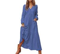 Yesgirl Robe Femme De Plage Rétro Denim Col V Casual Tuniques Ample Chemise Manche Longue A-Line Jupe Plissée Robe Chic Bouton Hauts Blouse Shirt Longue Couleur Unie Maxi Dress Bleu Foncé 3XL