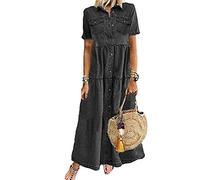 Yesgirl Robe Jean Été Femme De Plage Rétro Denim Robes Col V Casual Tuniques Ample Chemise Longue Chemisier en Jean Maxi Robe 01 E Noir S