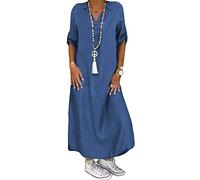 Yesgirl Robe Jean Été Femme De Plage Rétro Denim Robes Col V Casual Tuniques Ample Chemise Longue Chemisier en Jean Maxi Robe D Bleu L
