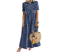 Yesgirl Robe Jean Été Femme De Plage Rétro Denim Robes Col V Casual Tuniques Ample Chemise Longue Chemisier en Jean Maxi Robe 01 E Bleu Foncé L