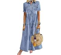 Yesgirl Robe Jean Été Femme De Plage Rétro Denim Robes Col V Casual Tuniques Ample Chemise Longue Chemisier en Jean Maxi Robe 01 E Bleu S