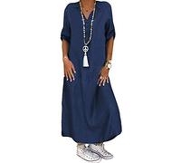 Yesgirl Robe Jean Été Femme De Plage Rétro Denim Robes Col V Casual Tuniques Ample Chemise Longue Chemisier en Jean Maxi Robe D Bleu Foncé XXL