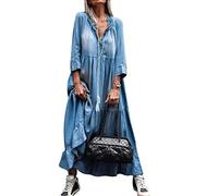 Yesgirl Robe Jean Été Femme De Plage Rétro Denim Robes Col V Casual Tuniques Ample Chemise Longue Chemisier en Jean Maxi Chic Robe