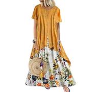 Yesgirl Robe Longue Boho Femme De Coton Et Lin des Bohème Manches Longues Chic Maxi Robe Été Femme Grande Taille Casual G Jaune 3XL