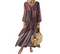 Yesgirl Robe Longue Boho Femme De Coton Et Lin des Bohème Manches Longues Chic Maxi Robe Été Femme Grande Taille Casual E Rouge 5XL