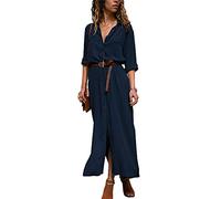Yesgirl Robe Longue Grande Couleur Unie À Pois Aille Femme Robes De Plage Chic Tunique Col V Robe avec Poches Tunique T-Shirt Baggy Tops Grande Taille Chemisier Manches Longues Z Bleu Foncé 46
