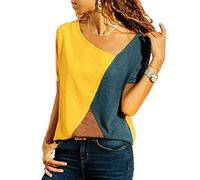 Yesgirl T Shirt Femme Col V Manche Courte Chic Bloc de Couleur Ete Casual Bloc de Couleur Tee Shirt Top Haut Chemisier Casual Blouse Basique Hauts Tops Jaune M