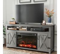 YESHOMY Meuble TV cheminée pour télévision jusqu'à 165 cm + avec Rangement et Portes de Grange de Ferme, Centre de Divertissement avec Armoire et étagères, Console multimédia pour Salon, Gris délavé