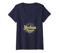 Yeshua Messiah Radiant Faith Homme Inspiration chrétienne T-Shirt avec Col en V, Femme, Bleu Marine, XL
