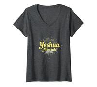 Yeshua Messiah Radiant Faith Homme Inspiration chrétienne T-Shirt avec Col en V, Femme, Chiné Foncé, XXL